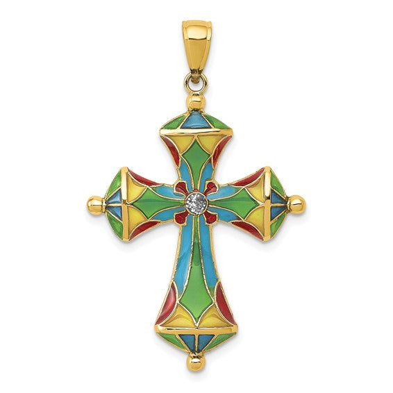 14kt Yellow Gold Multi Color Enamel Cross Pendant
