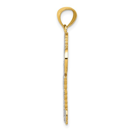 14kt Yellow Gold White Rhodium Polished I LOVE YOU Filigree Heart Key Charm