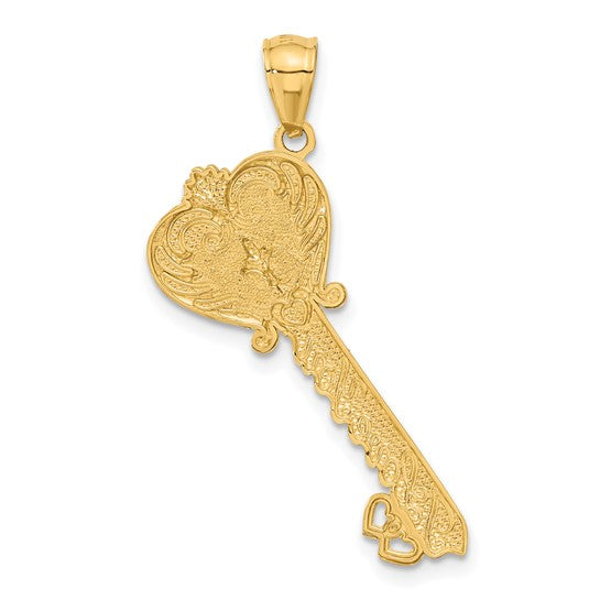 14kt Yellow Gold White Rhodium Polished I LOVE YOU Filigree Heart Key Charm