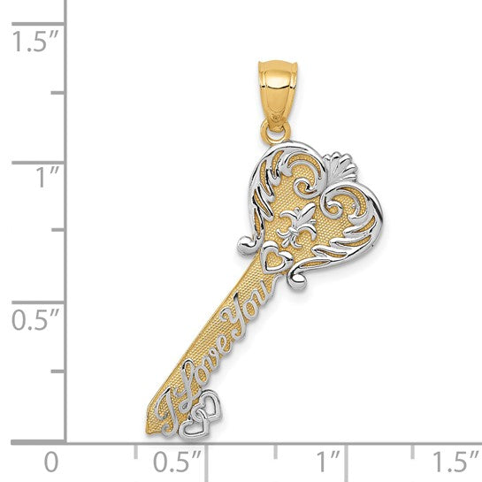 14kt Yellow Gold White Rhodium Polished I LOVE YOU Filigree Heart Key Charm