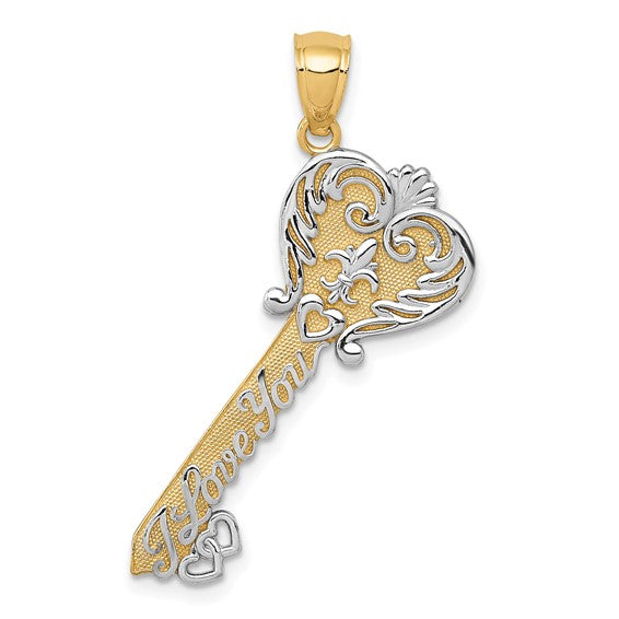 14kt Yellow Gold White Rhodium Polished I LOVE YOU Filigree Heart Key Charm