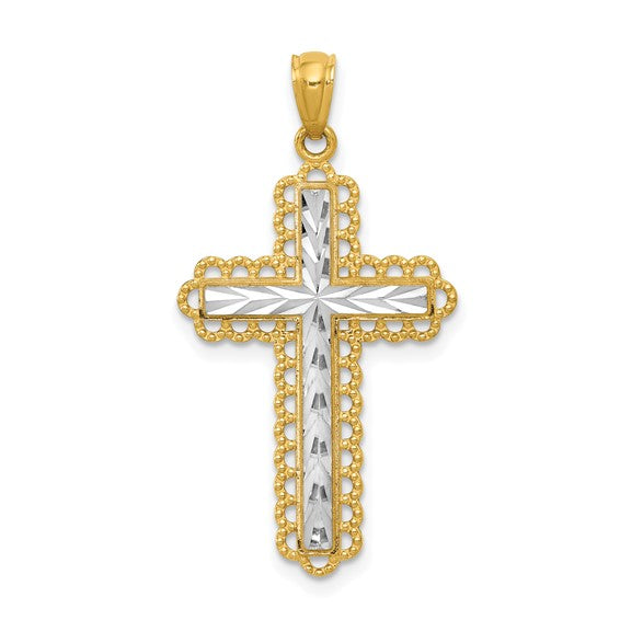 14kt Yellow Gold w/Rhodium Diamond Cut Cross Pendant
