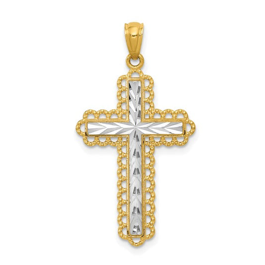 14kt Yellow Gold w/Rhodium Diamond Cut Cross Pendant