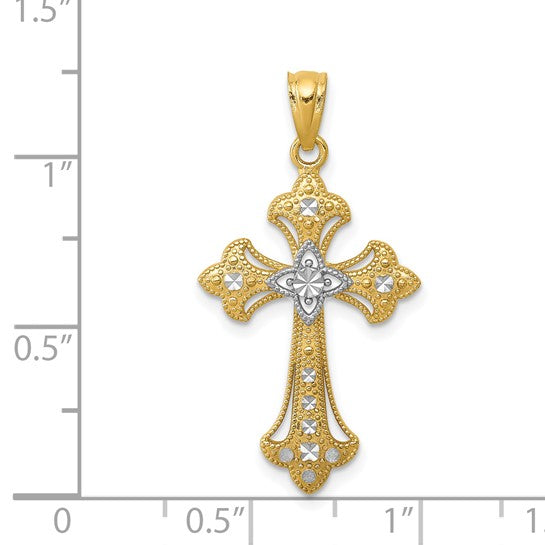 14kt Yellow Gold w/Rhodium Diamond-Cut Cross Pendant