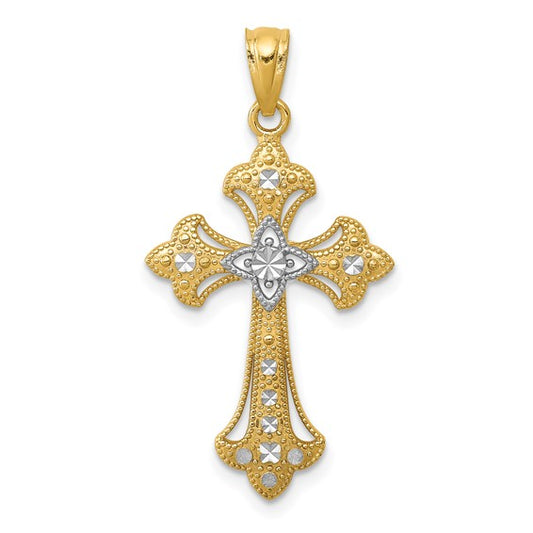 14kt Yellow Gold w/Rhodium Diamond-Cut Cross Pendant