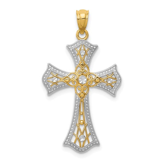 14kt Yellow Gold w/Rhodium Diamond-Cut Cross Pendant