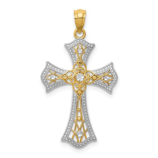 14kt Yellow Gold w/Rhodium Diamond-Cut Cross Pendant