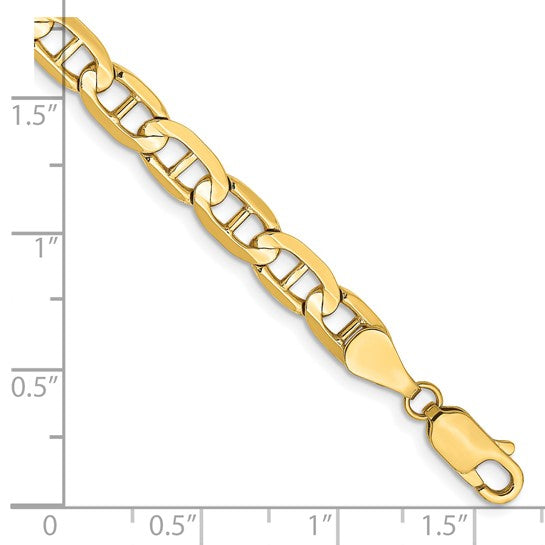 14KT Yellow Gold 7 inch 5.25mm Concave Anchor with Lobster Clasp Bracelet