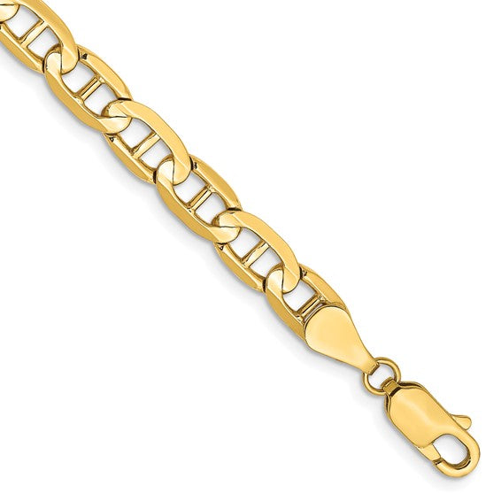 14KT Yellow Gold 7 inch 5.25mm Concave Anchor with Lobster Clasp Bracelet