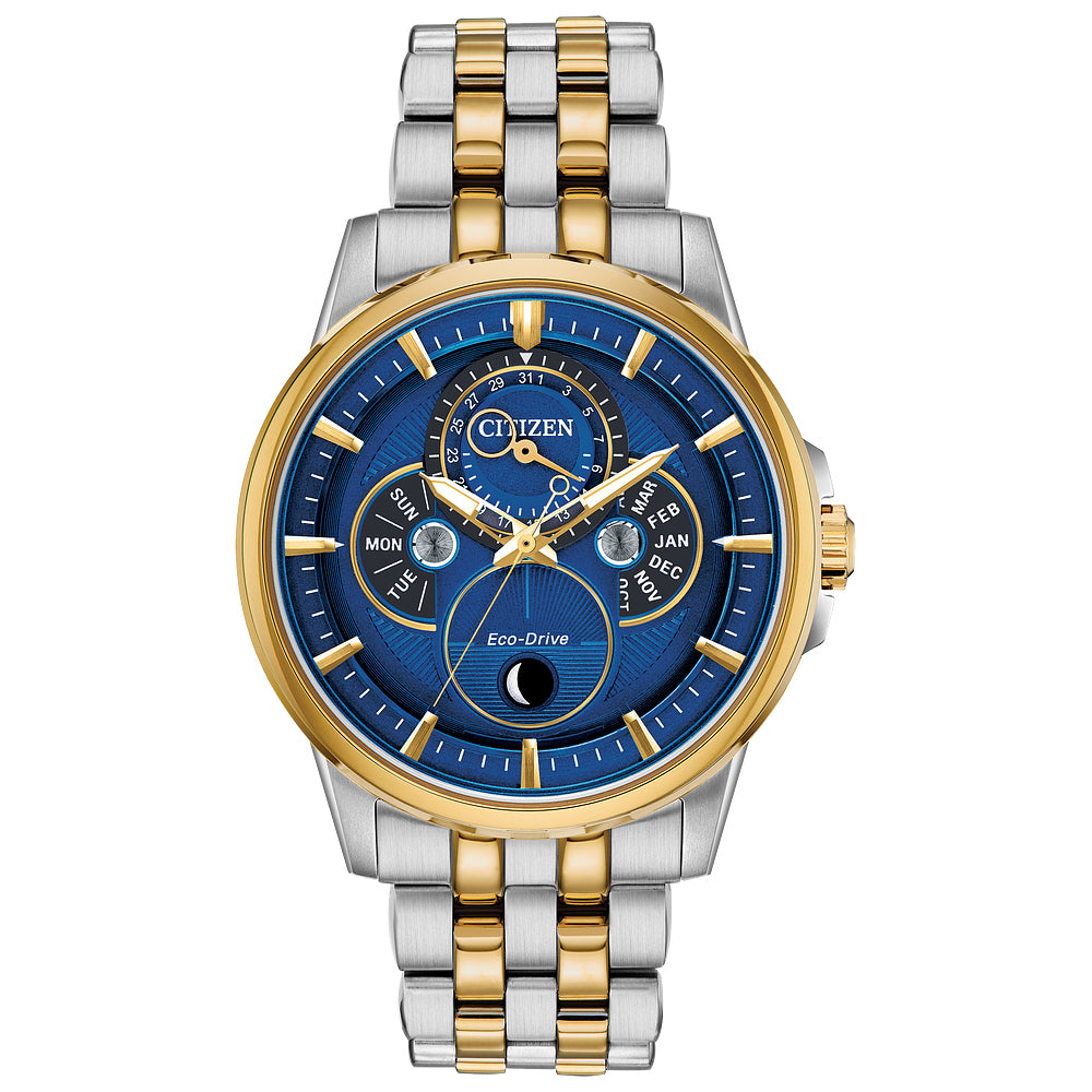 Men's Citizen Eco-Drive® Calendrier Chronograph Two-Tone Watch with Blue Dial