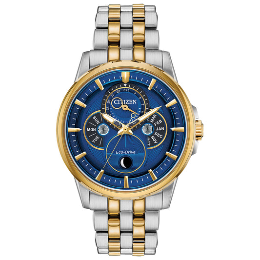 Men's Citizen Eco-Drive® Calendrier Chronograph Two-Tone Watch with Blue Dial
