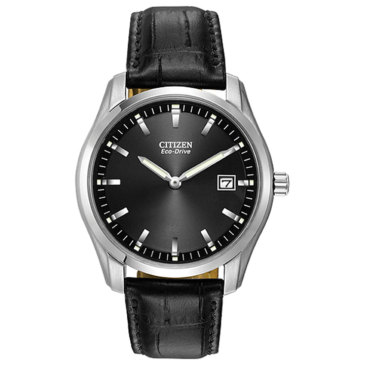 Men's Citizen Eco-Drive Corso Dress Black Dial Black Leather Strap Watch 40mm