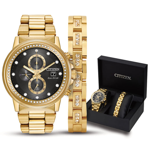 Men's Eco-Drive Crystal Yellow Gold-Tone Bracelet and Watch Set | 42mm