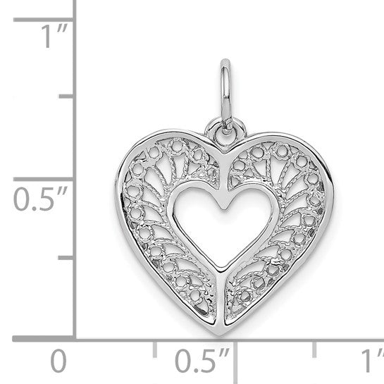 14kt White Gold Solid Diamond-cut Fancy Filigree Heart Charm