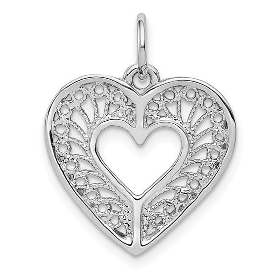 14kt White Gold Solid Diamond-cut Fancy Filigree Heart Charm
