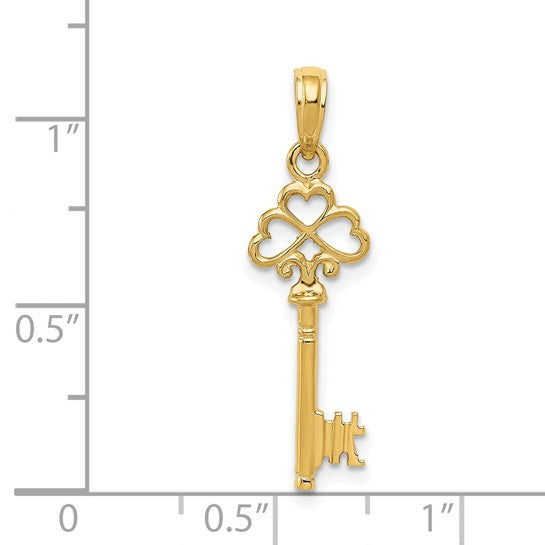 14KT Yellow Gold Polished 3-D Hearts Key Charm