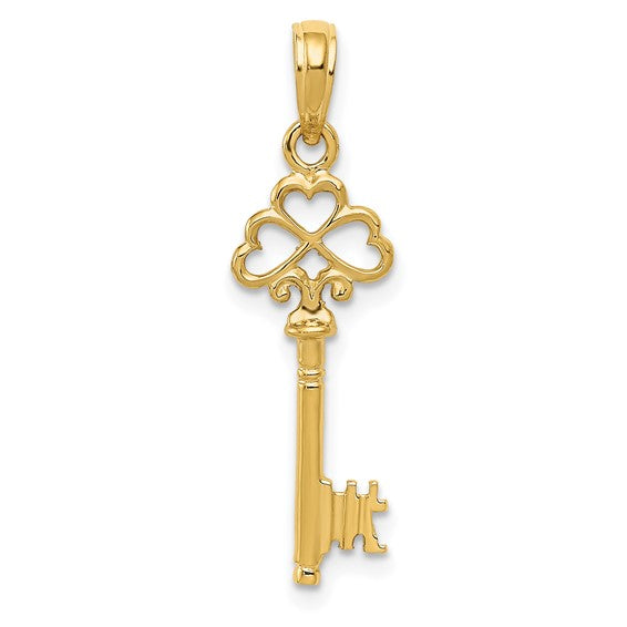 14KT Yellow Gold Polished 3-D Hearts Key Charm