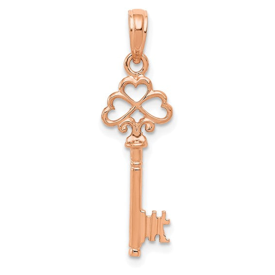 14KT Rose Gold Polished 3-D Hearts Key Charm