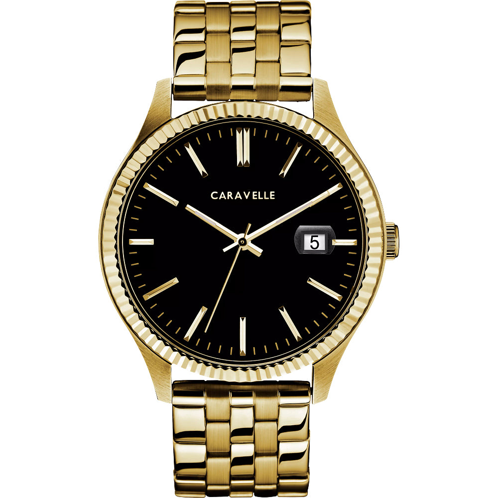 Men's Caravelle by Bulova Gold-Tone Watch with Black Dial (Model: 44B121)