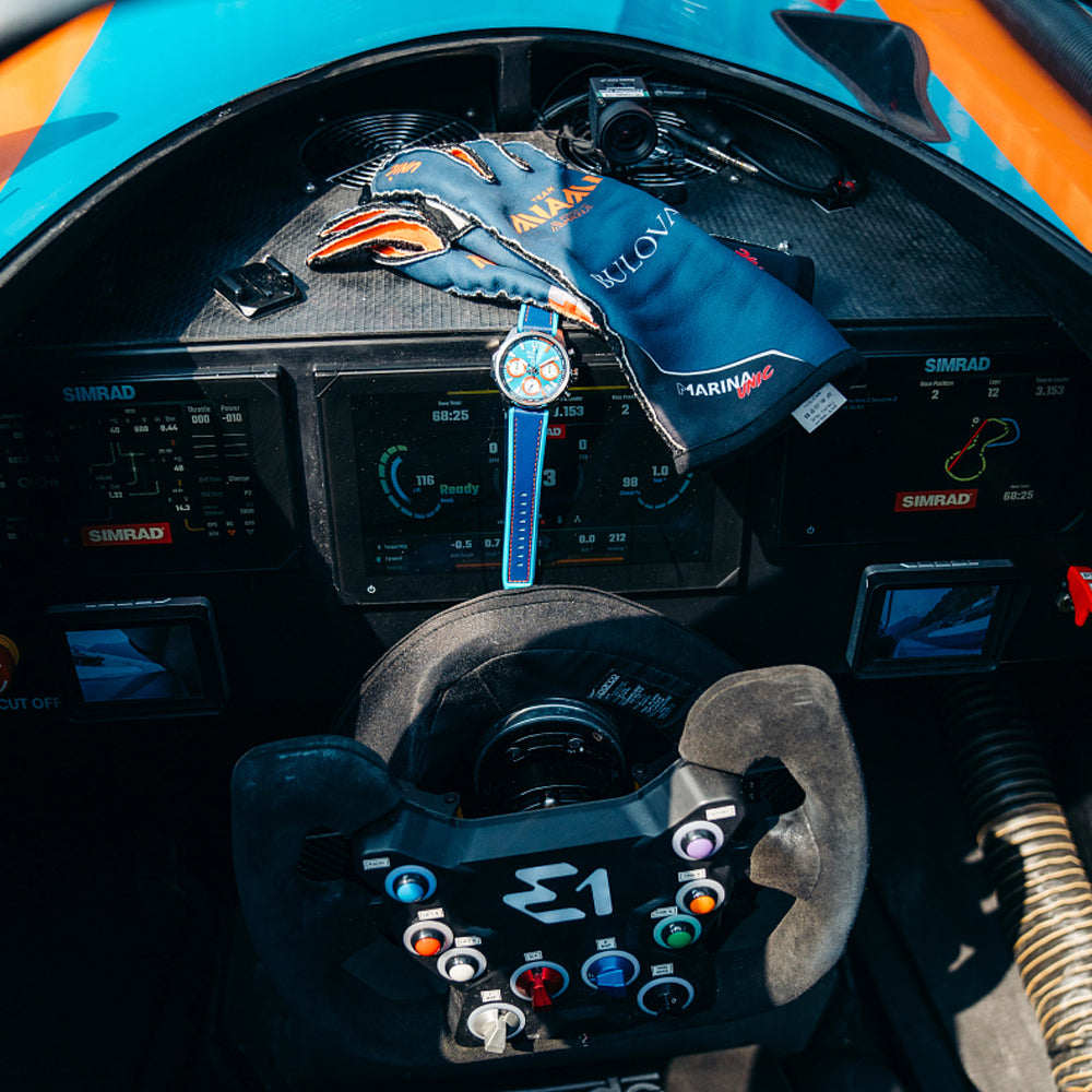 Bulova E1 Team Miami Marine Star Blue Dial Blue Leather and Silicone Watch Strap 43mm