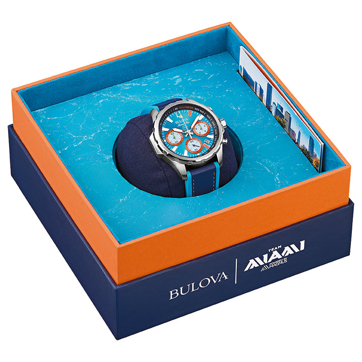 Bulova E1 Team Miami Marine Star Blue Dial Blue Leather and Silicone Watch Strap 43mm