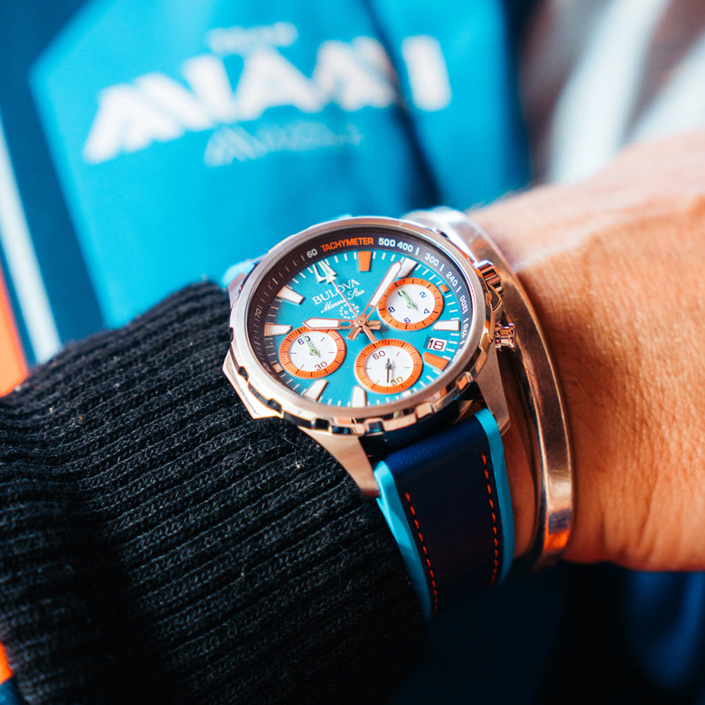 Bulova E1 Team Miami Marine Star Blue Dial Blue Leather and Silicone Watch Strap 43mm