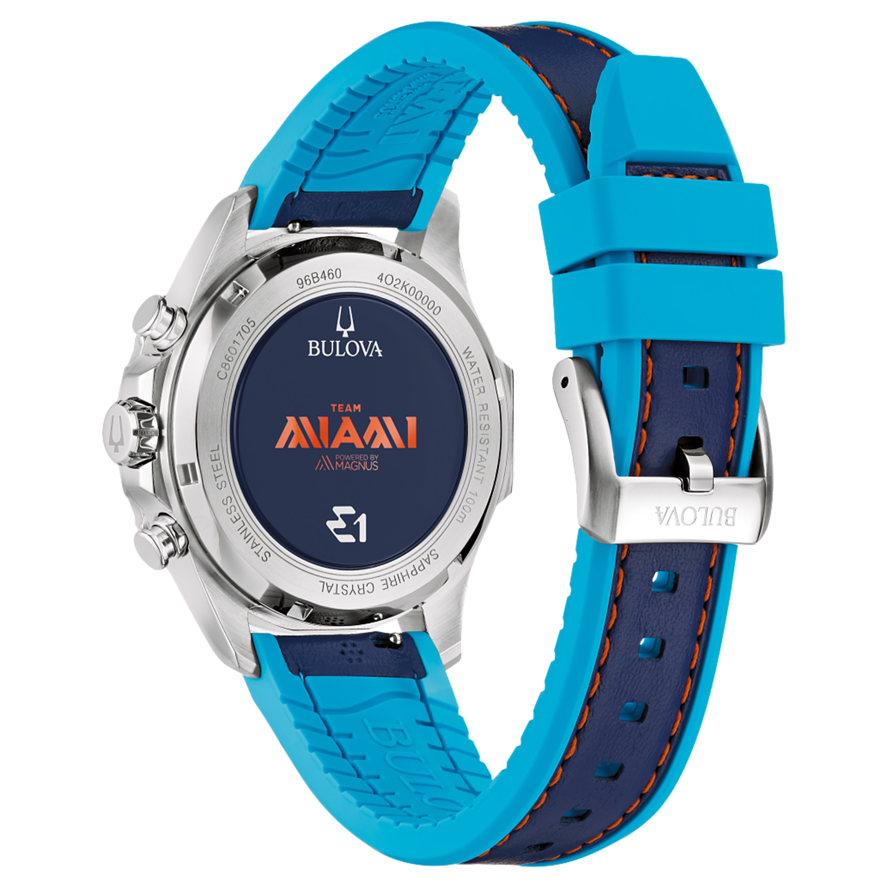 Bulova E1 Team Miami Marine Star Blue Dial Blue Leather and Silicone Watch Strap 43mm - 96B460