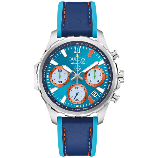 Bulova E1 Team Miami Marine Star Blue Dial Blue Leather and Silicone Watch Strap 43mm