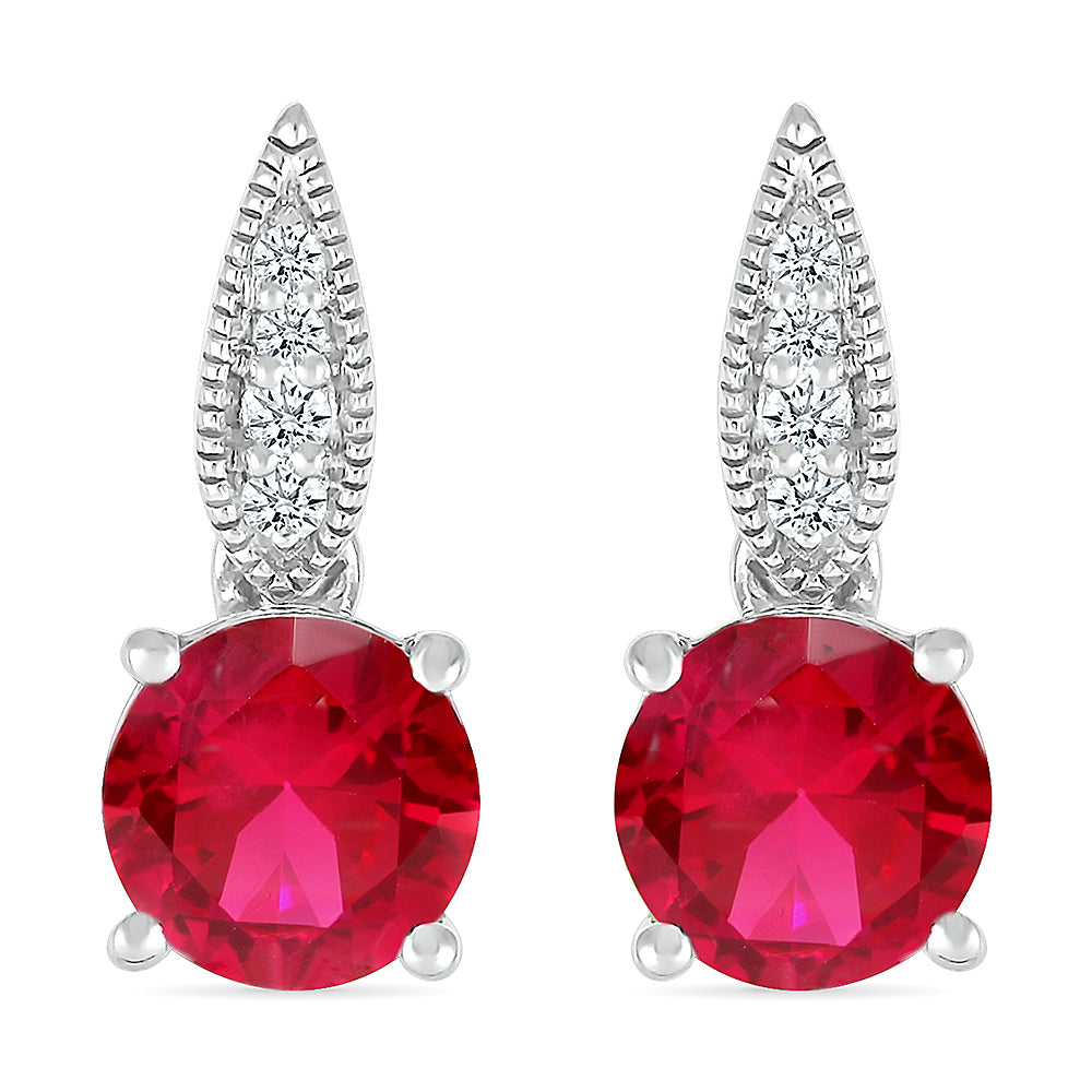 14K WHITE GOLD LAB CREATED RUBY  0.05 CTW DIAMOND EARRINGS