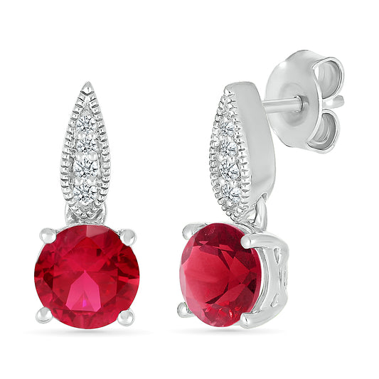 14K WHITE GOLD LAB CREATED RUBY  0.05 CTW DIAMOND EARRINGS