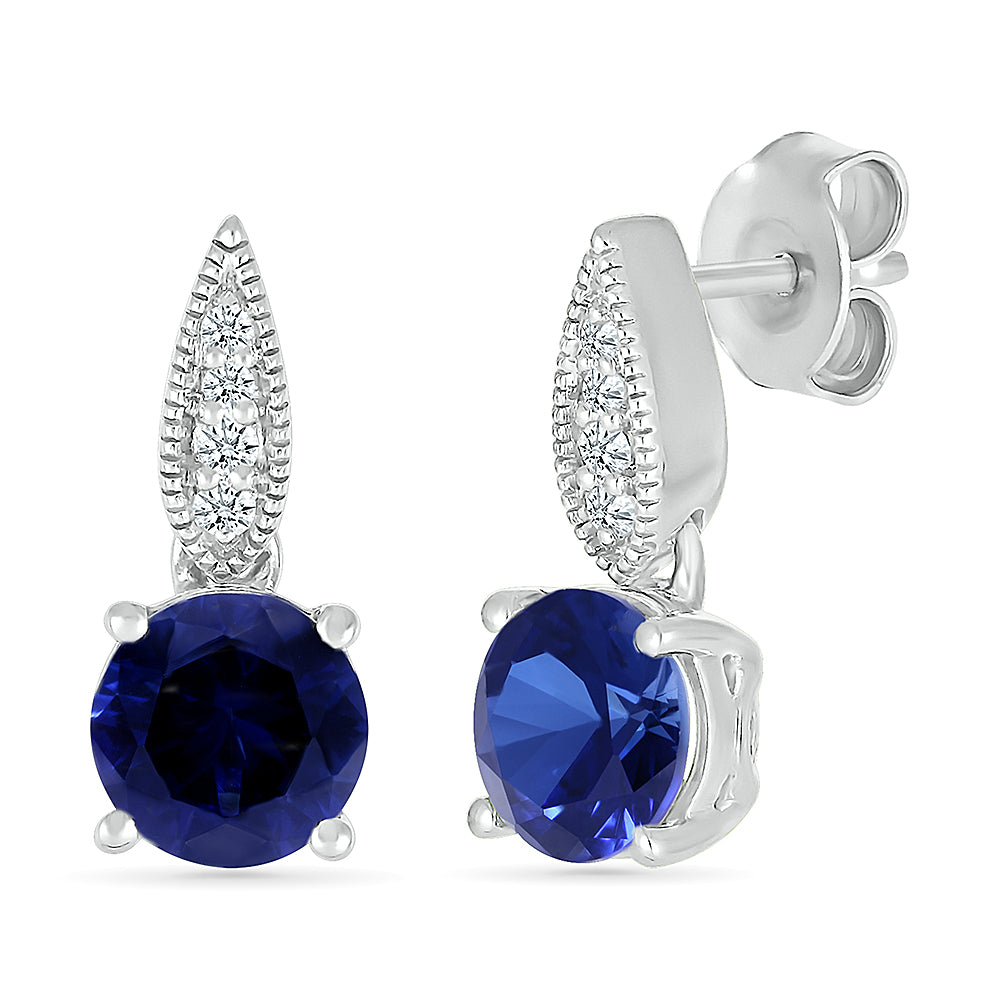 14K WHITE GOLD LAB CREATED SAPPHIRE 0.05 CTW DIAMOND EARRINGS