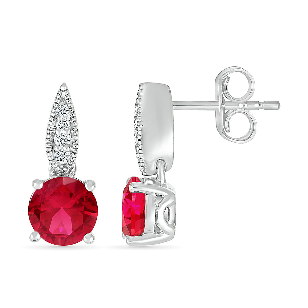 14K WHITE GOLD LAB CREATED RUBY  0.05 CTW DIAMOND EARRINGS