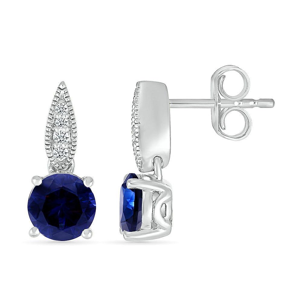 14K WHITE GOLD LAB CREATED SAPPHIRE 0.05 CTW DIAMOND EARRINGS