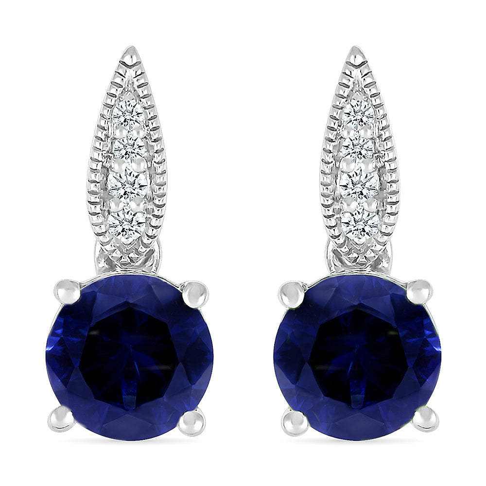 14K WHITE GOLD LAB CREATED SAPPHIRE 0.05 CTW DIAMOND EARRINGS