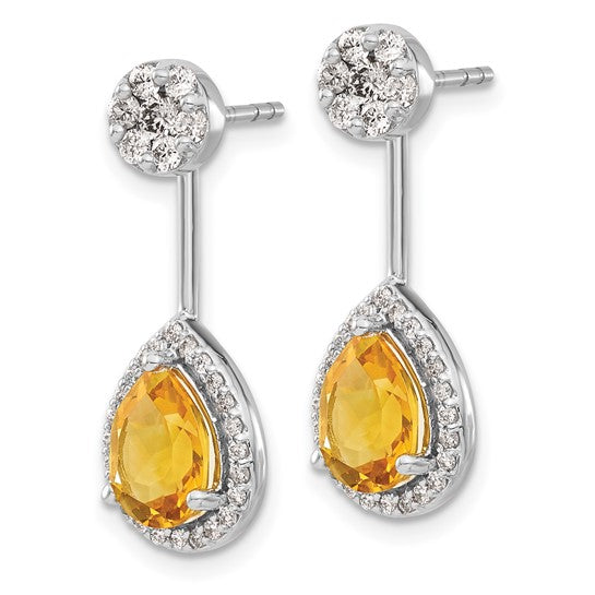 14kt White Gold Diamond/Pear Citrine Front/Back Earrings