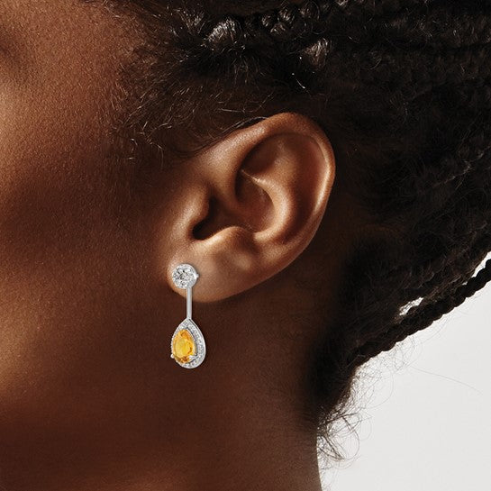 14kt White Gold Diamond/Pear Citrine Front/Back Earrings