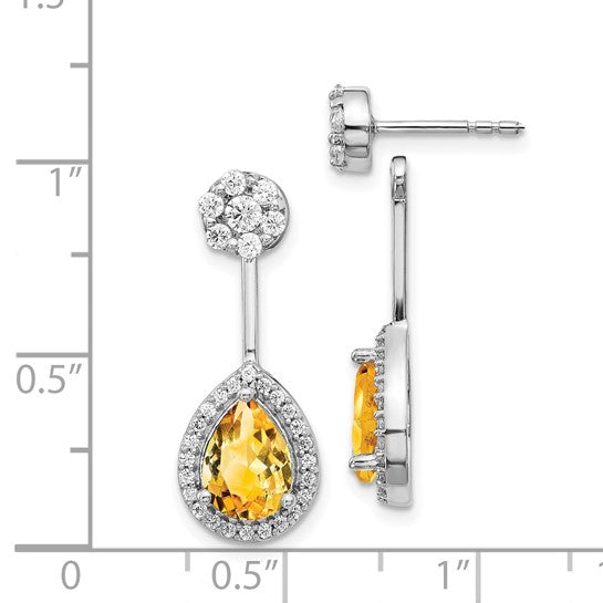14kt White Gold Diamond/Pear Citrine Front/Back Earrings
