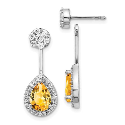 14kt White Gold Diamond/Pear Citrine Front/Back Earrings