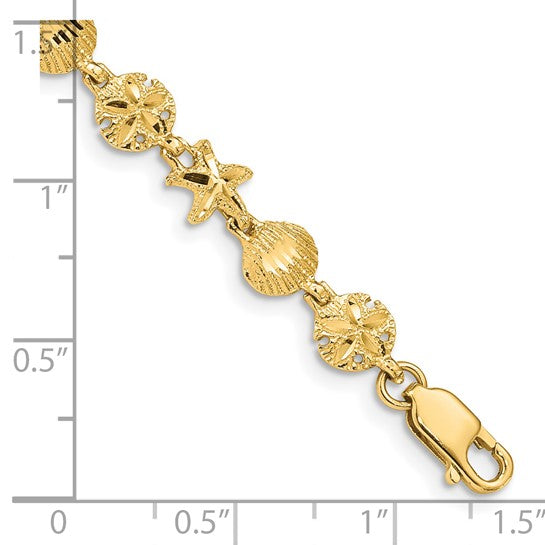 14KT Yellow Gold Starfish, Sand Dollar and Shell Bracelet