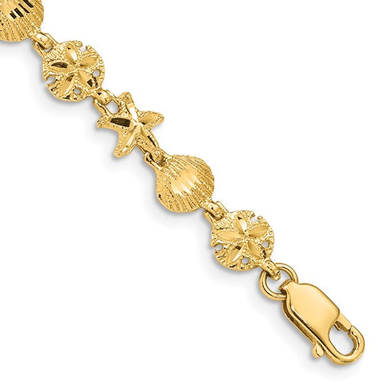 14KT Yellow Gold Starfish, Sand Dollar and Shell Bracelet