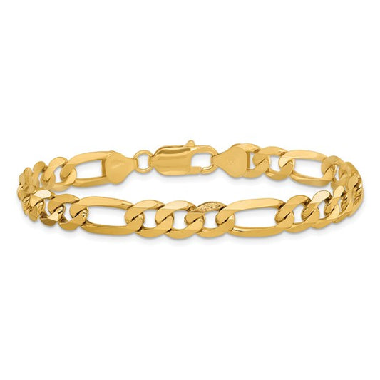 14KT Yellow Gold 8 inch 7.5mm Flat Figaro with Lobster Clasp Bracelet