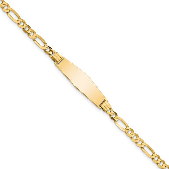 14kt Yellow Gold Polished Solid Chain/Solid Plate Figaro Link Soft Diamond Shape 24.5x7.3mm Plate 7 inch ID Bracelet