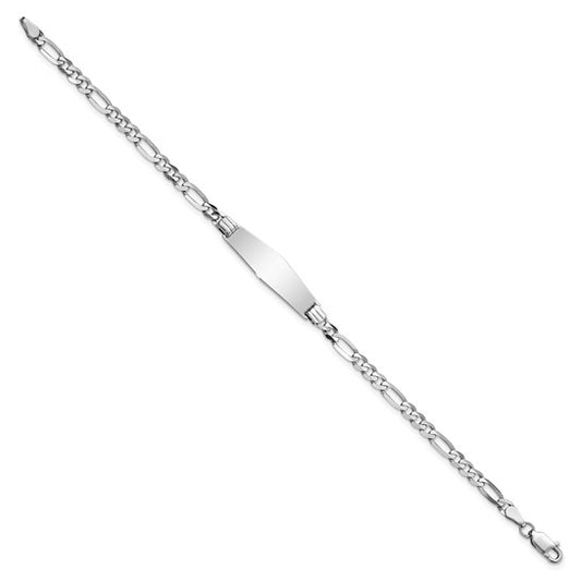 14kt White Gold Polished Solid Chain/Solid Plate Figaro Link Soft Diamond Shape 24.5x7.5mm Plate 7 inch ID Bracelet