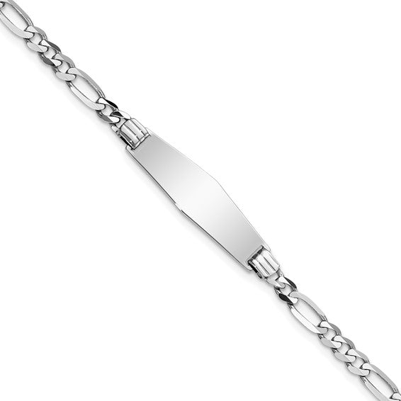 14kt White Gold Polished Solid Chain/Solid Plate Figaro Link Soft Diamond Shape 24.5x7.5mm Plate 7 inch ID Bracelet