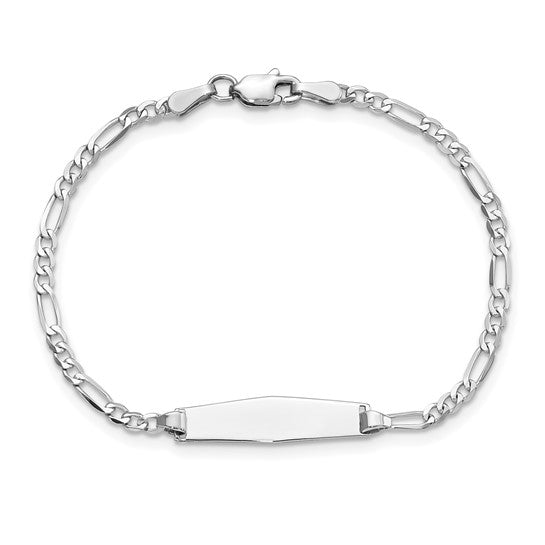 14kt White Gold Polished Solid Chain/Solid Plate Figaro Link Soft Diamond Shape 19.5x5.5mm Plate 7 inch ID Bracelet