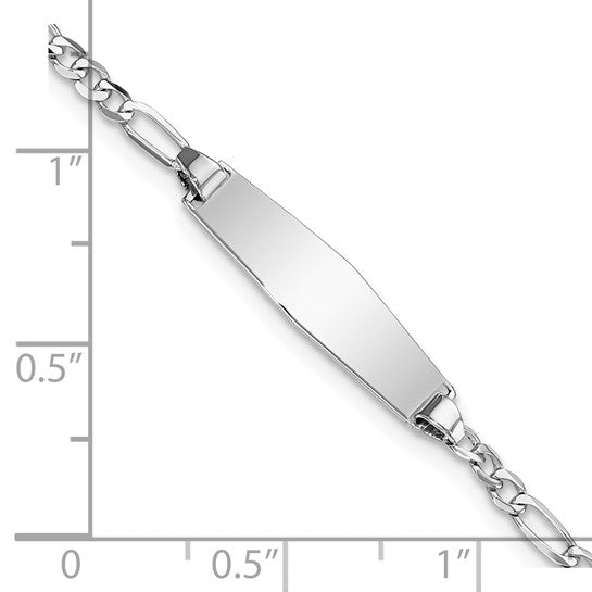 14kt White Gold Polished Solid Chain/Solid Plate Figaro Link Soft Diamond Shape 19.5x5.5mm Plate 7 inch ID Bracelet