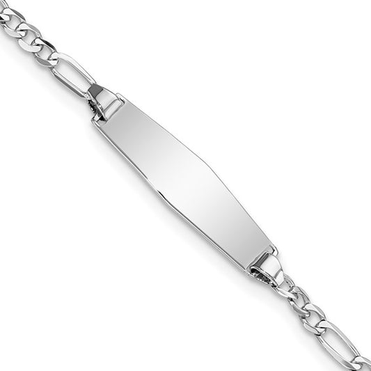 14kt White Gold Polished Solid Chain/Solid Plate Figaro Link Soft Diamond Shape 19.5x5.5mm Plate 7 inch ID Bracelet