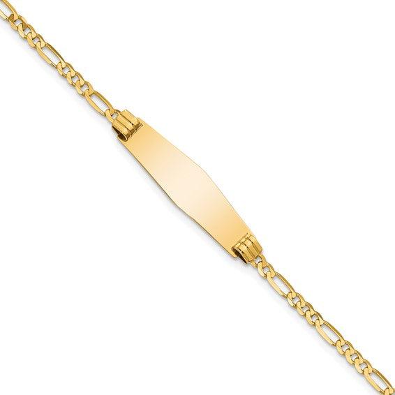 14kt Yellow Gold Polished Solid Chain/Solid Plate Figaro Link Soft Diamond Shape 24.5x7.3mm Plate 7 inch ID Bracelet