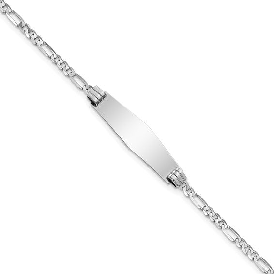 14kt White Gold Polished Solid Chain/Solid Plate Figaro Link Soft Diamond Shape 24.5x7.5mm Plate 8 inch ID Bracelet