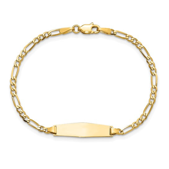 14kt Yellow Gold Polished Solid Chain/Solid Plate Figaro Link Soft Diamond Shape 19.5x5mm Plate 6 inch Baby/Child ID Bracelet
